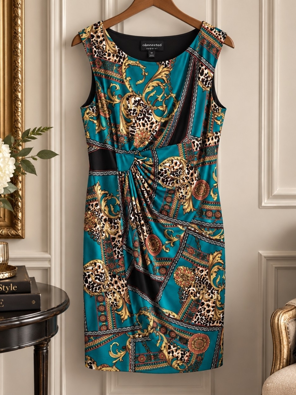 Connected Apparel Size 16 Teal Baroque Leopard Faux Wrap Dress